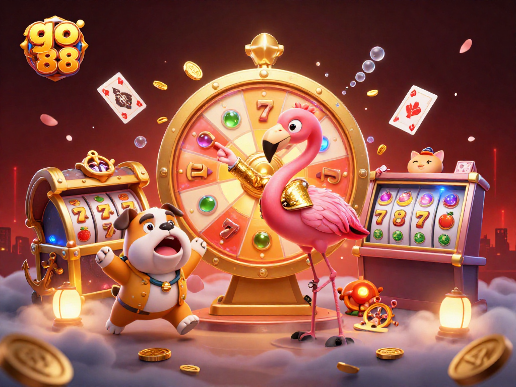 Experience the excitement of go 88 as a flamingo host spins a prize wheel amidst vibrant casino elements.