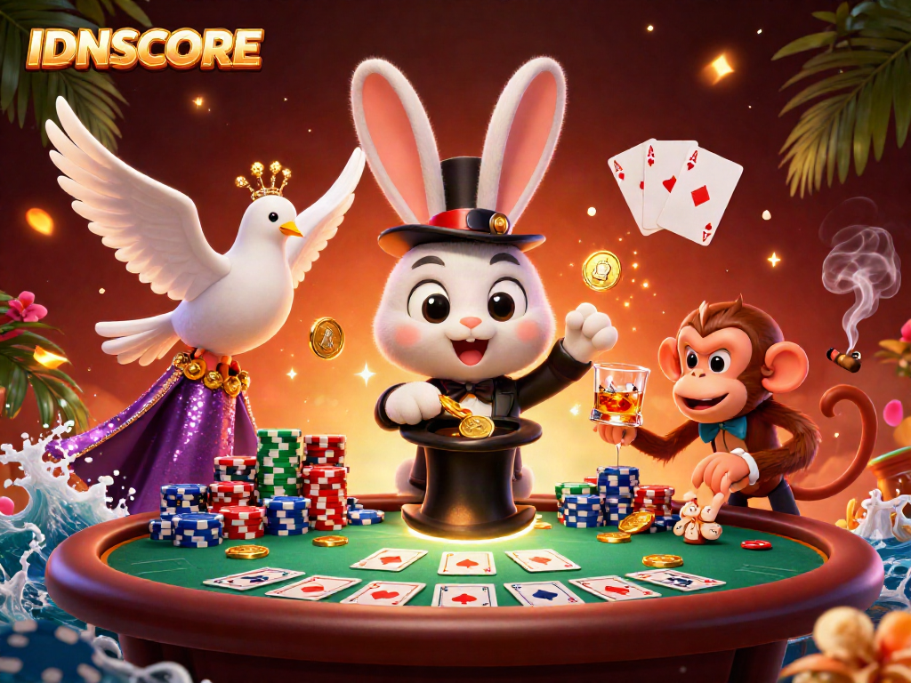 Experience the vibrant IDNSCORE magic with a 3D illustration of casino fun featuring playful characters.