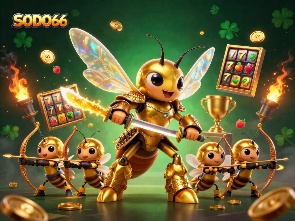SODO66 showcases a dynamic scene with a golden hornet samurai and slot machines, emphasizing exciting casino action.
