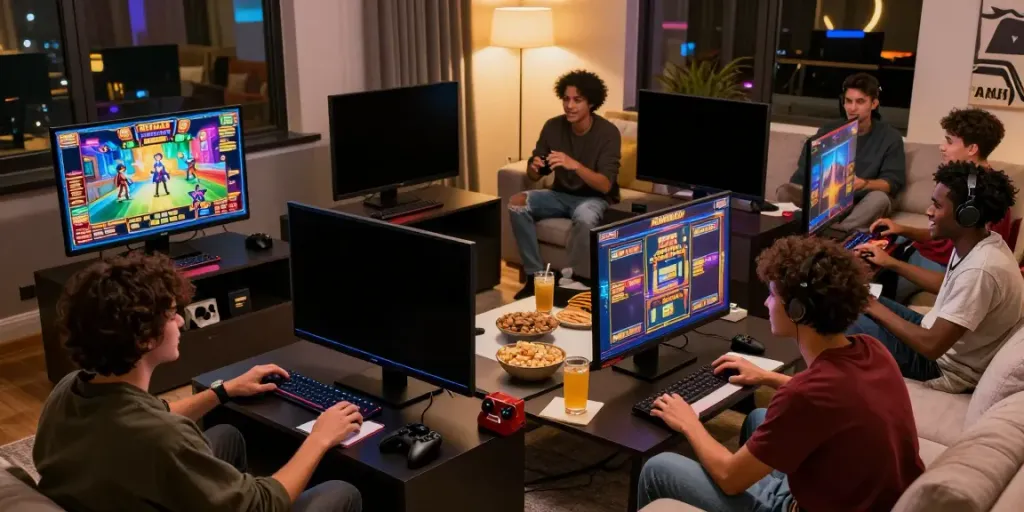 Friends enjoying gaming together on AHHA4D platform with dynamic visuals