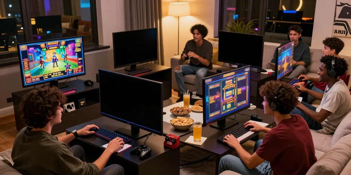 Friends enjoying gaming together on AHHA4D platform with dynamic visuals
