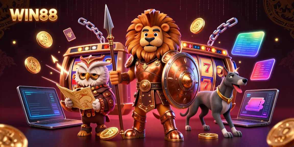 Engage in the vibrant world of WIN88 with a dynamic 3D casino illustration showcasing gaming excitement.