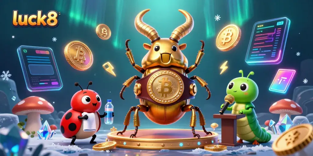Experience the excitement of luck8 with a boxing beetle surrounded by crypto-themed casino elements.