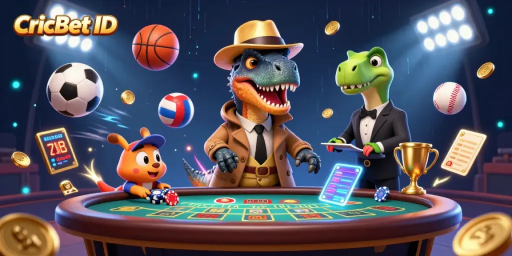 CricBet ID vibrant scene featuring a velociraptor card counter and sports elements in a casino setting.