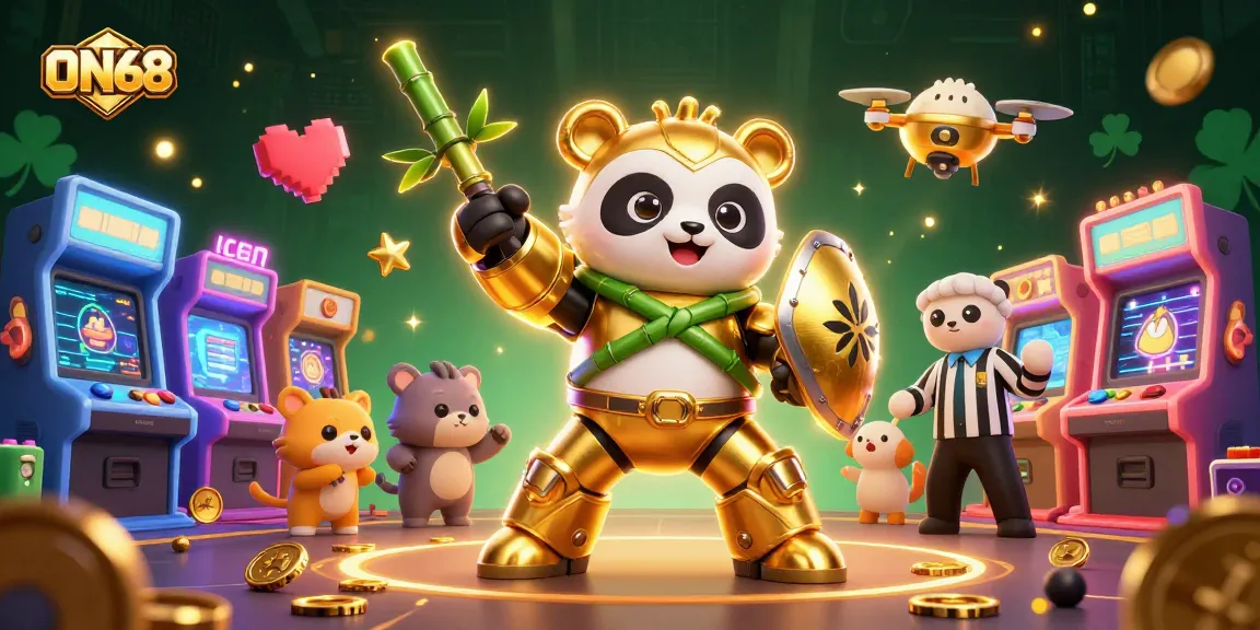 Engage with ON68 in a vibrant 3D casino battle scene featuring a mech-suit golden panda, arcade games, and dynamic elements.