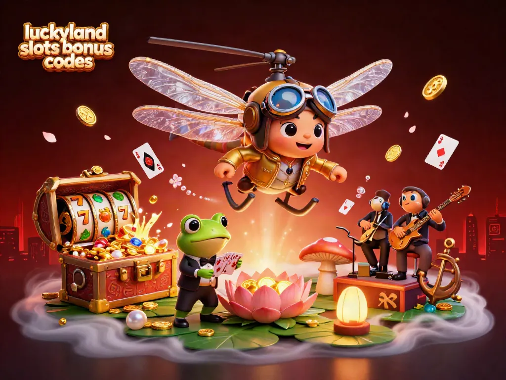 Experience exciting gameplay at LuckyLand Slots bonus codes with a vibrant 3D casino scene featuring unique characters.