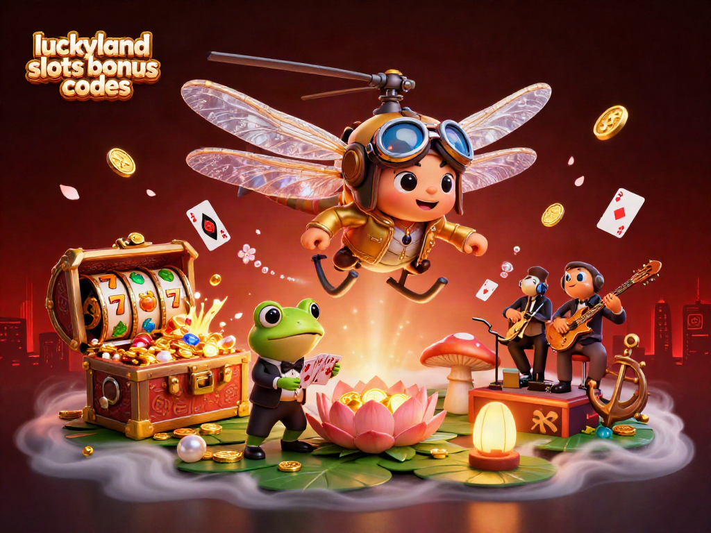 Experience exciting gameplay at LuckyLand Slots bonus codes with a vibrant 3D casino scene featuring unique characters.
