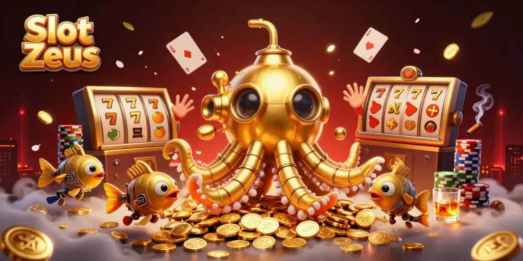 Permainan Slot Zeus dengan karakter kraken emas dan ikan mekanik di lautan koin emas.