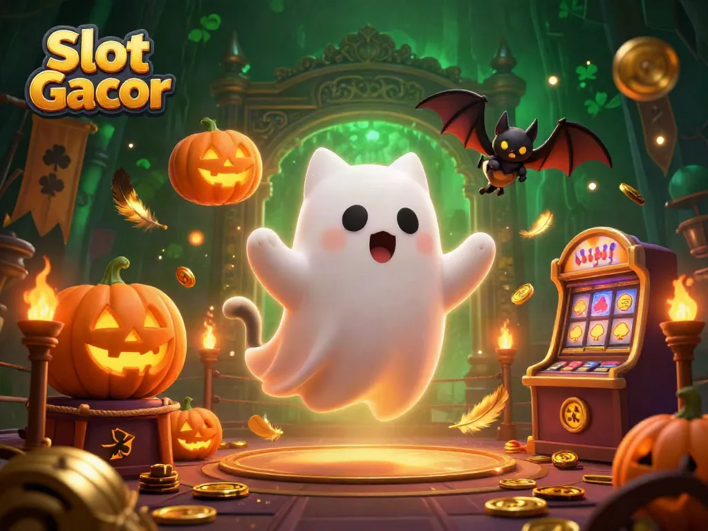 Experience the enchanting Slot Gacor scene with a ghost cat and vampire bat amidst glowing jack-o-lanterns and vibrant casino elements.