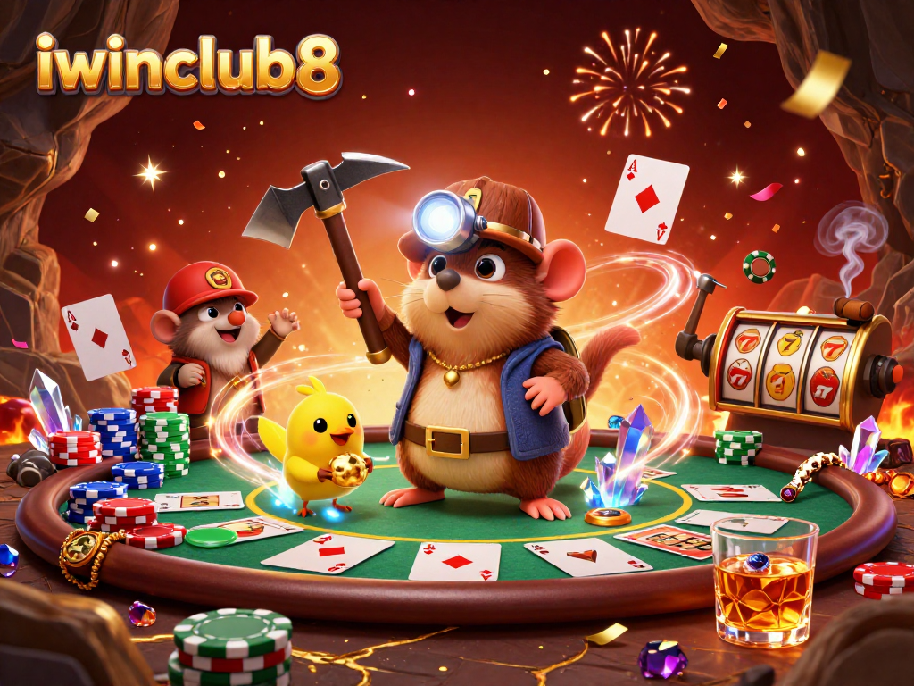 Experience thrilling poker action with iwinclub8, showcasing a treasure hunter mole amidst gold and cards.