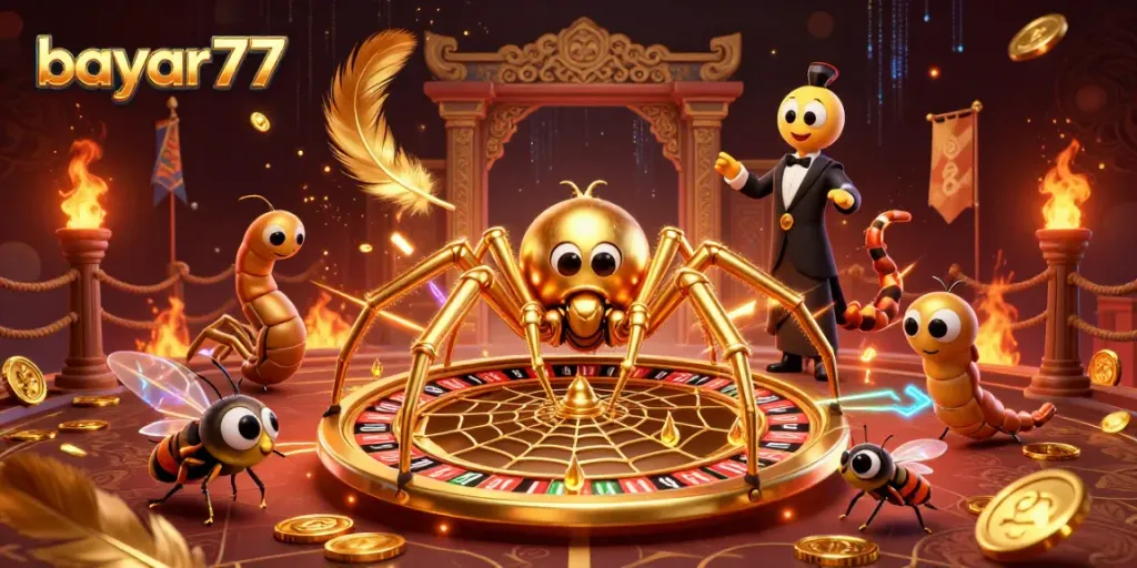 Experience the action of bayar77 with a golden spider croupier spinning a roulette web in a vibrant casino scene.
