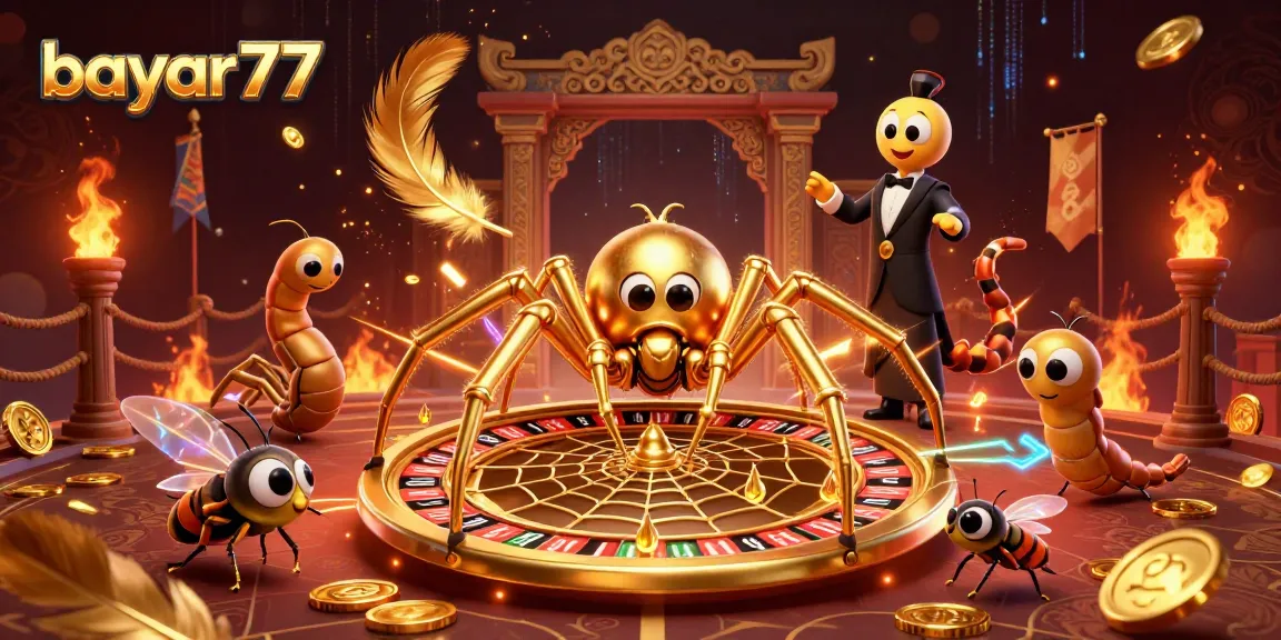 Experience the action of bayar77 with a golden spider croupier spinning a roulette web in a vibrant casino scene.