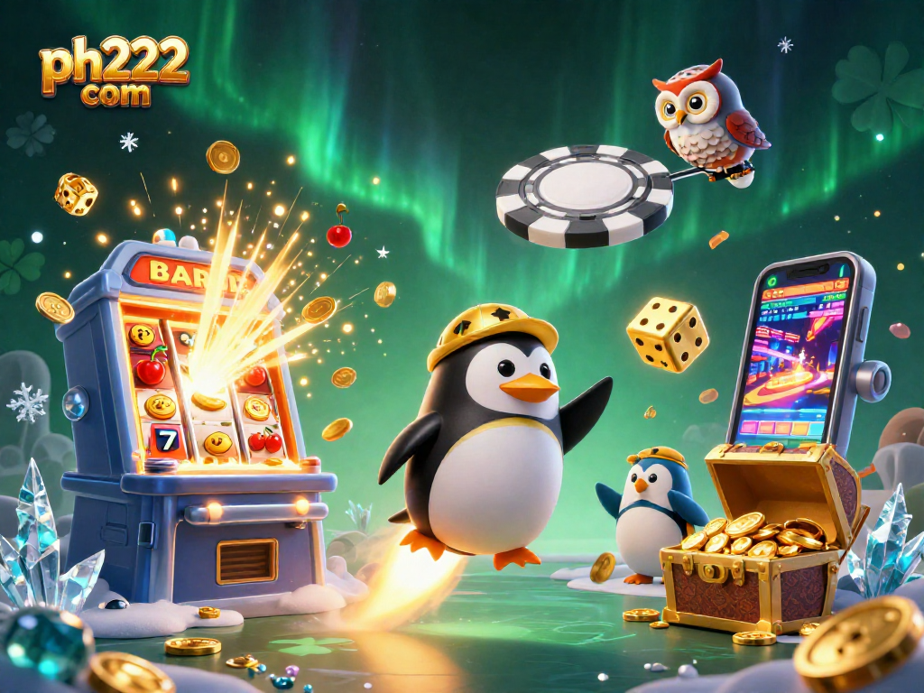 Experience excitement at ph222 com with a cartoon penguin soaring toward a vibrant casino space!