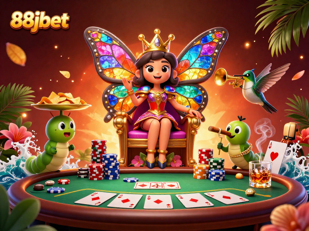 Experience the vibrant energy of 88jbet with a butterfly queen and poker scene bringing casino fun alive.