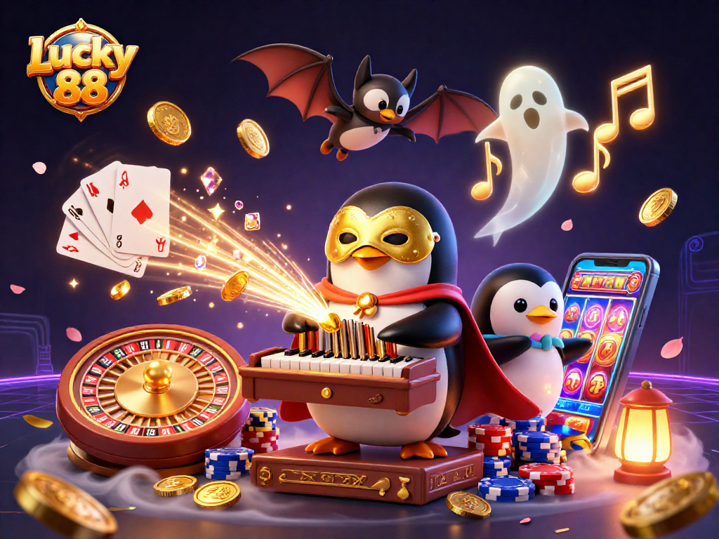 Win big with Lucky 88 in a vibrant 3D casino scene highlighting gold coins and gaming elements.