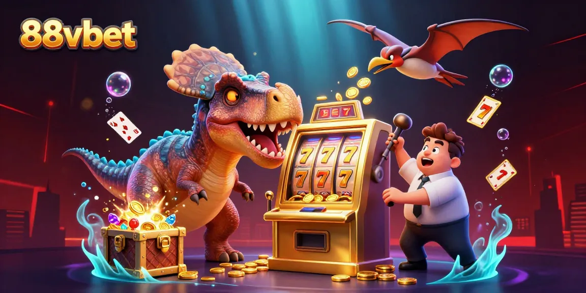 88vbet delights players with a cartoon scene featuring a dinosaur winning jackpots and flying coins.