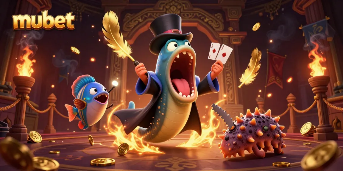 Watch the mubet magic act where a bioluminescent eel does card tricks amidst gold coins and ember effects.
