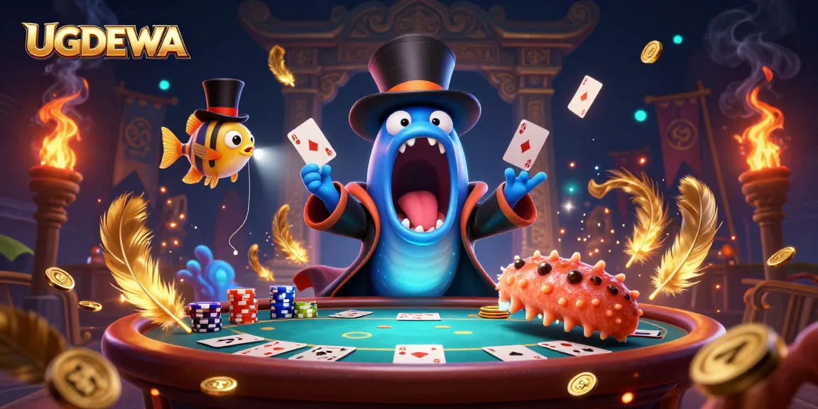 Engage in the thrilling UGDEWA magic act with card tricks and vibrant casino elements.
