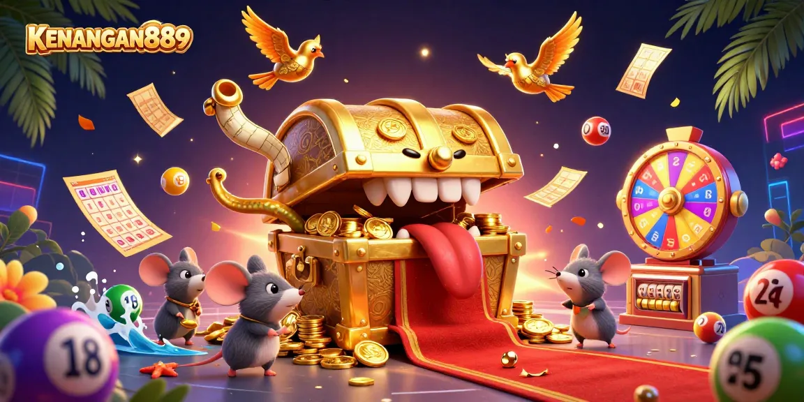 Play and win big at KENANGAN889 with colorful lottery balls and vibrant prizes surrounding adventurer mice.