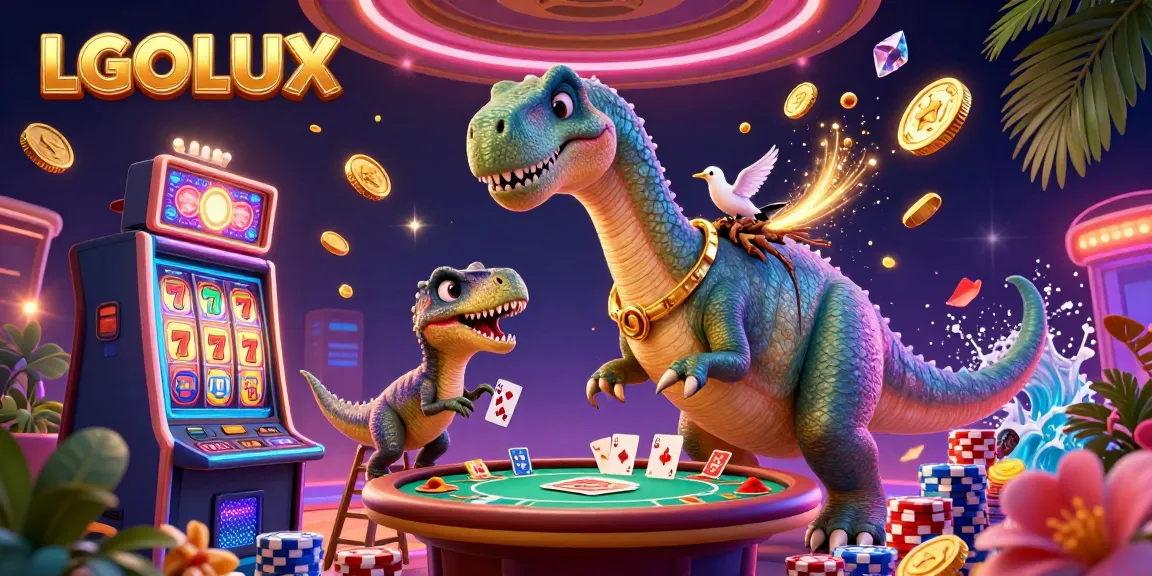 Experience the excitement of LGOLUX with a friendly brontosaurus and a raptor dealing cards at an engaging casino scene.