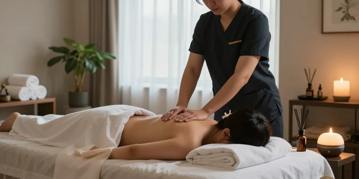 Relaxing 서대문출장마사지 scene with therapist in peaceful therapy room.