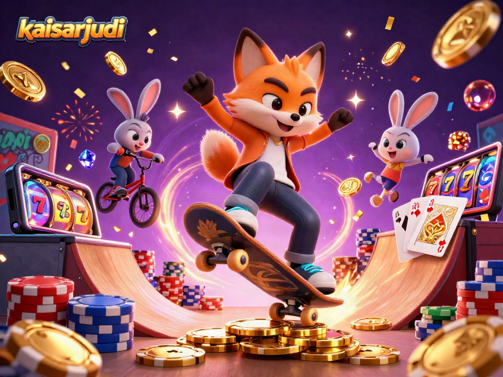 Kaisarjudi highlights a vibrant 3D casino scene featuring a skateboarder fox and BMX rabbit in action.