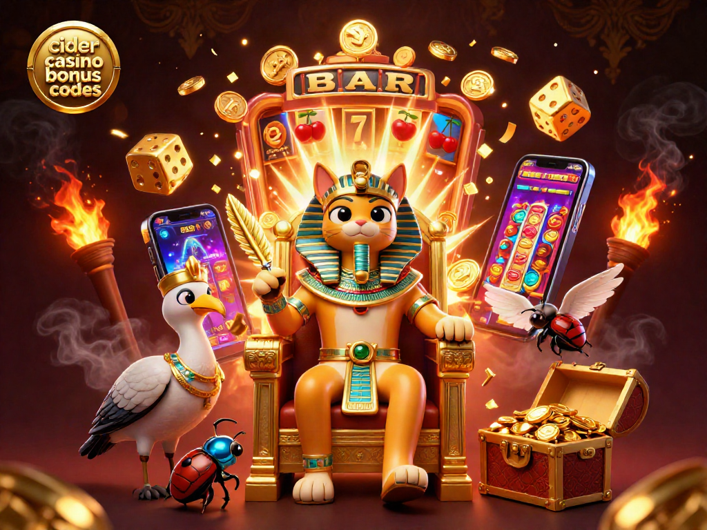 Spin to win with cider casino bonus codes while a pharaoh cat reigns in a lavish scene full of treasures.