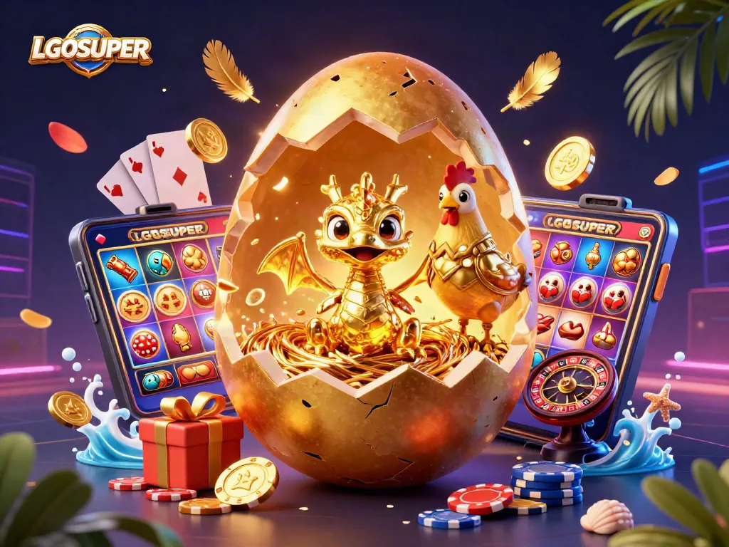 Engage with LGOSUPER's thrilling casino experience as a golden dragon emerges from a golden egg surrounded by slot games.