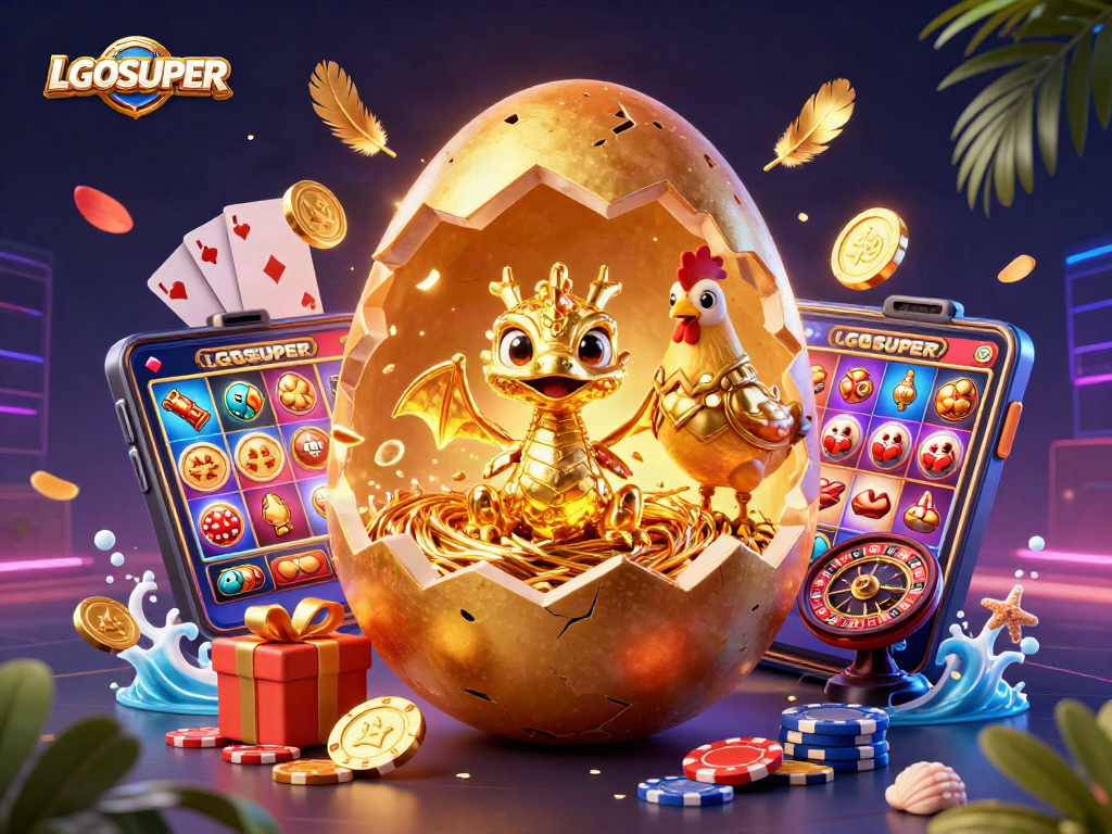 Engage with LGOSUPER's thrilling casino experience as a golden dragon emerges from a golden egg surrounded by slot games.
