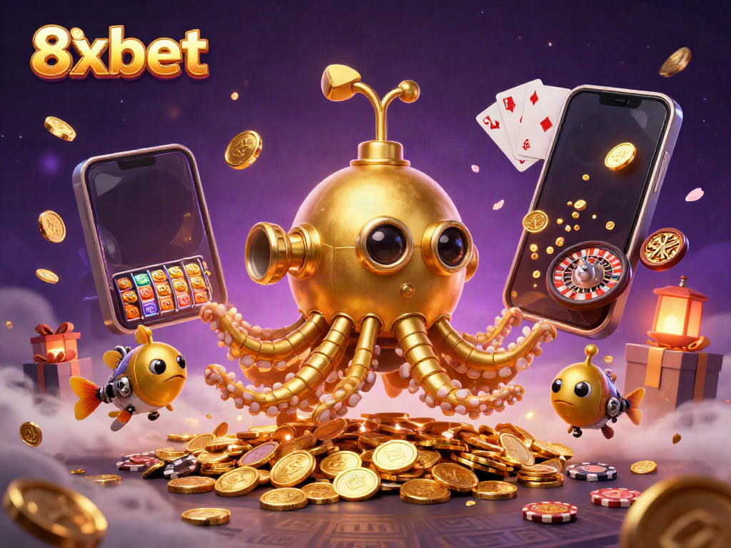 Experience thrilling gaming moments at 8xbet with a vibrant illustration of golden treasures and captivating gameplay.