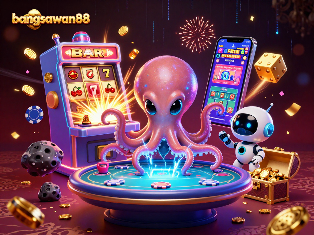 Enhance your game with bangsawan88 at a vibrant 3D casino showcasing alien octopus and poker.