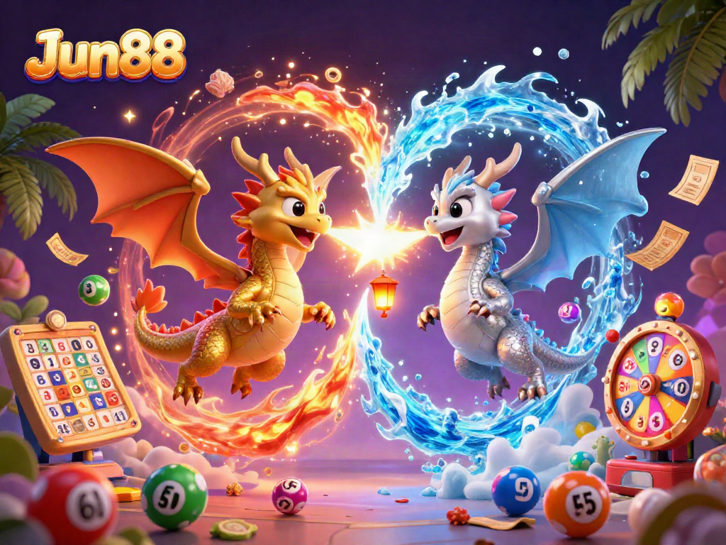Experience thrilling action at Jun88 with twin dragons amidst a vibrant lottery scene.