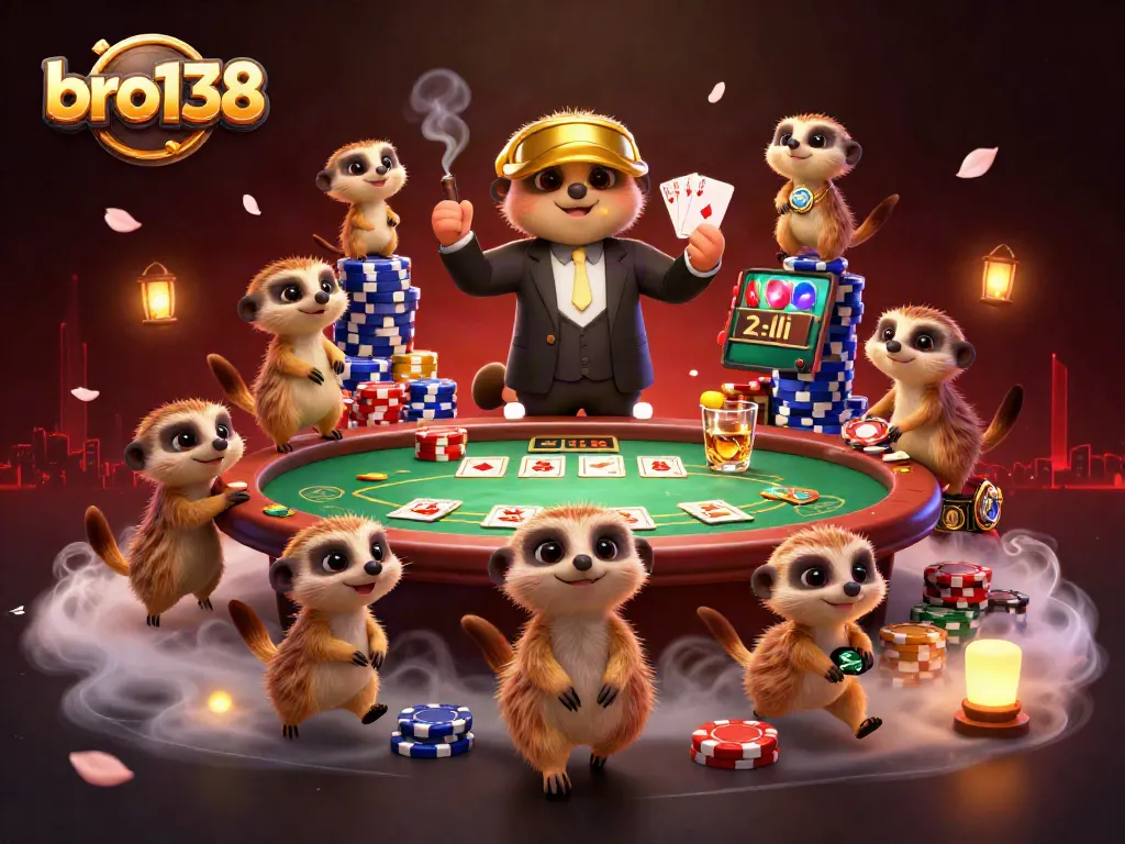Capture a thrilling bro138 casino scene with meerkats engaged in a lively poker game.