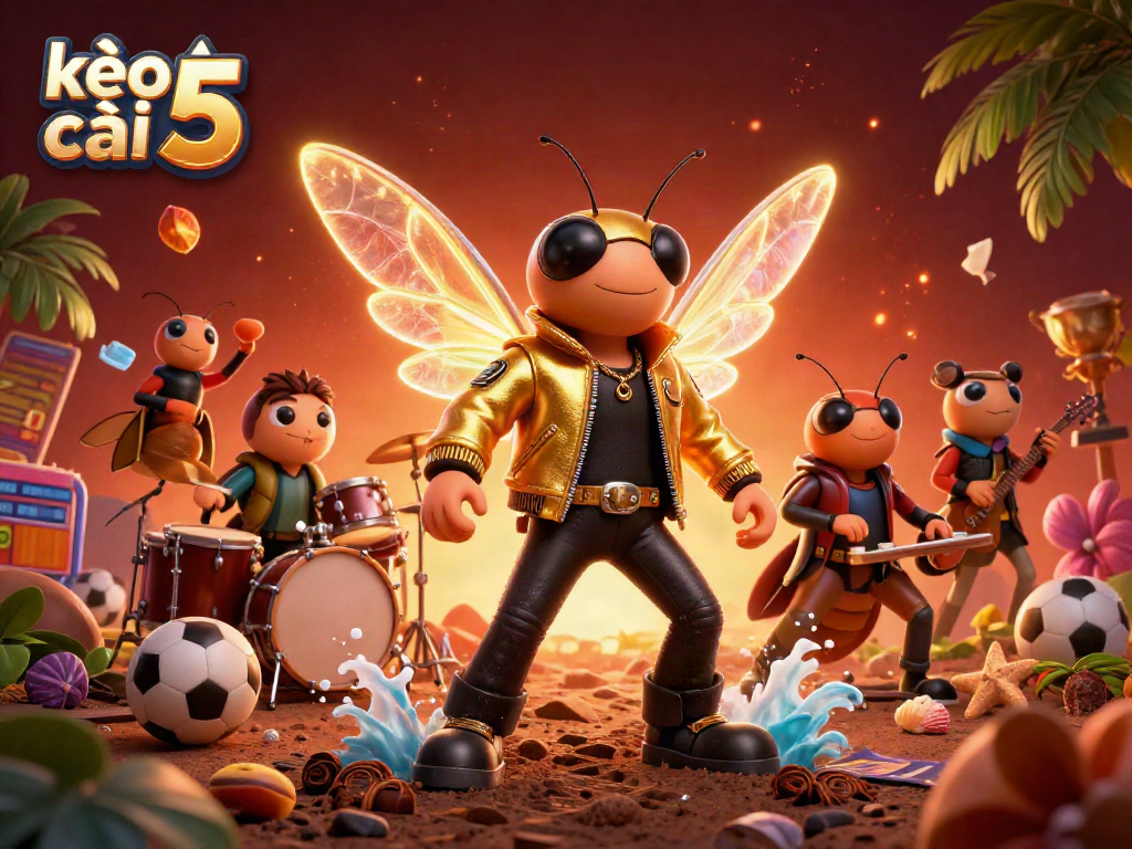 Experience kèo nhà cái 5 with a vibrant casino scene featuring a cicada rock star, sports elements, and dynamic action!