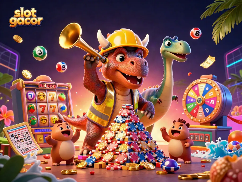 Experience vibrant slot gacor excitement with colorful characters and game elements in this dynamic illustration.