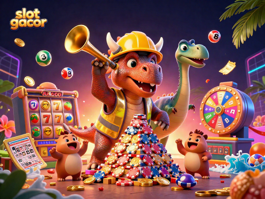Experience vibrant slot gacor excitement with colorful characters and game elements in this dynamic illustration.