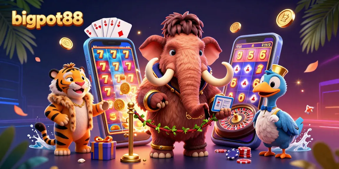 bigpot88 menghadirkan suasana kasino interaktif dengan bouncer mamut dan tamu VIP, penuh elemen permainan.