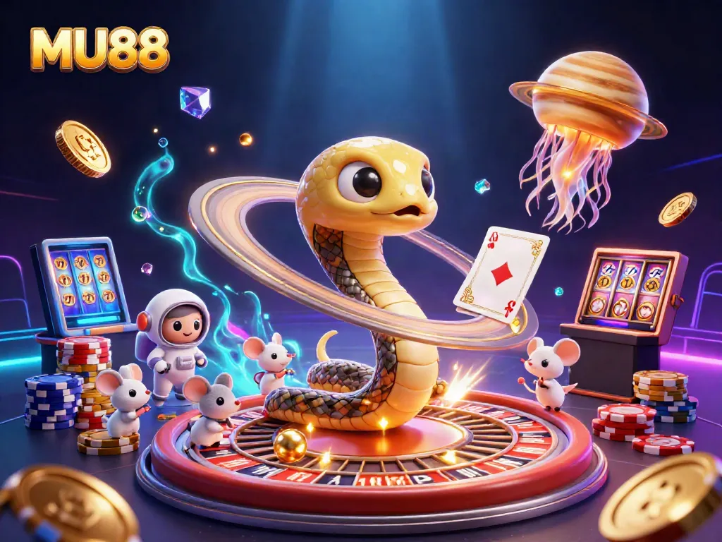 Place bets with MU88 at a cosmic casino featuring a Saturn snake and astronaut mice.