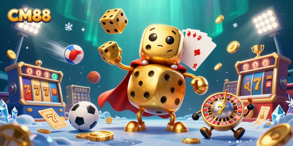 Play exciting games at CM88 with dynamic golden dice and casino features in a vibrant 3D illustration.