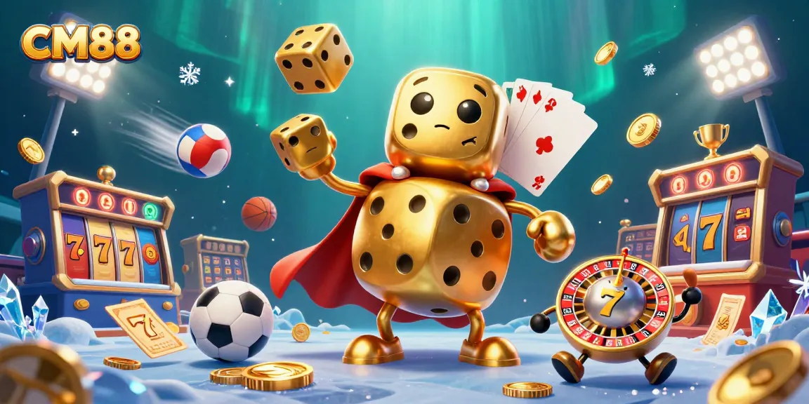 Play exciting games at CM88 with dynamic golden dice and casino features in a vibrant 3D illustration.