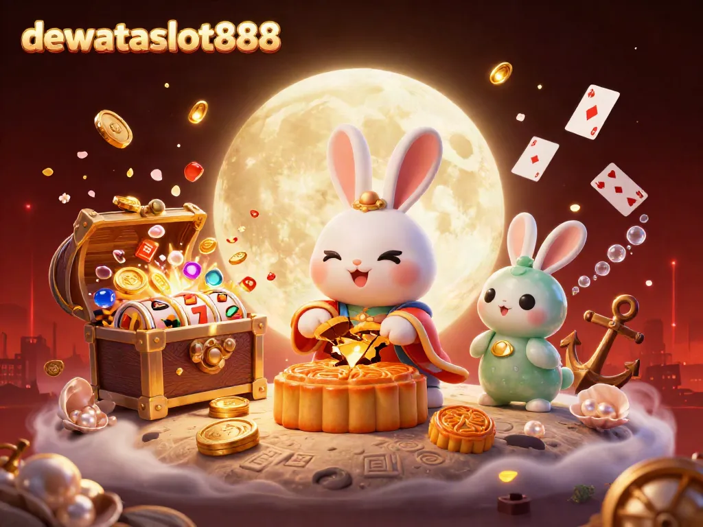 Permainan seru dewataslot888 dengan kelinci bulan yang memukul kue bulan di permukaan lunar.
