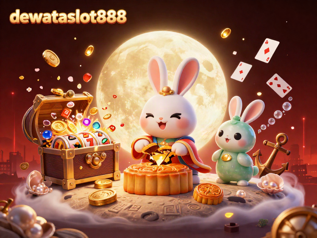 Permainan seru dewataslot888 dengan kelinci bulan yang memukul kue bulan di permukaan lunar.