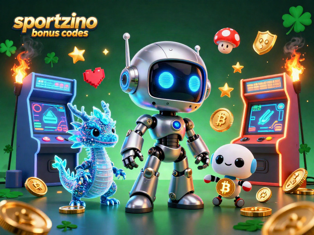 Play exciting games with sportzino bonus codes, featuring a cartoon robot mascot and holographic dragon in a vibrant casino.