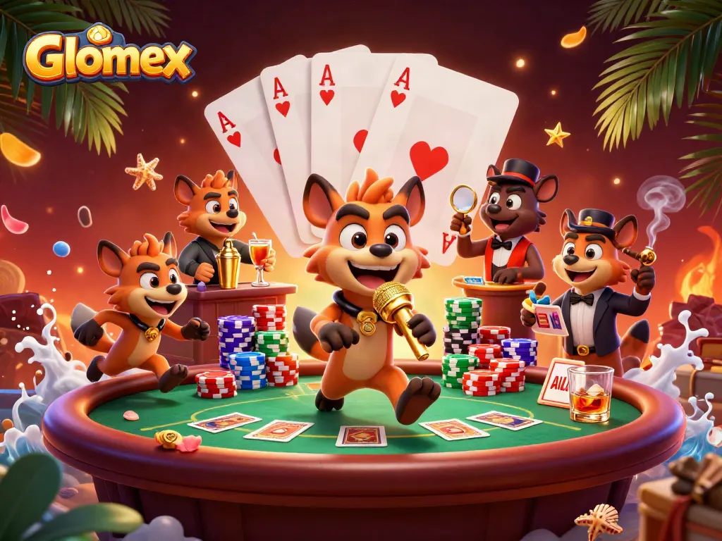 Glomex captures casino excitement with hyenas in a vibrant comedy club scene.
