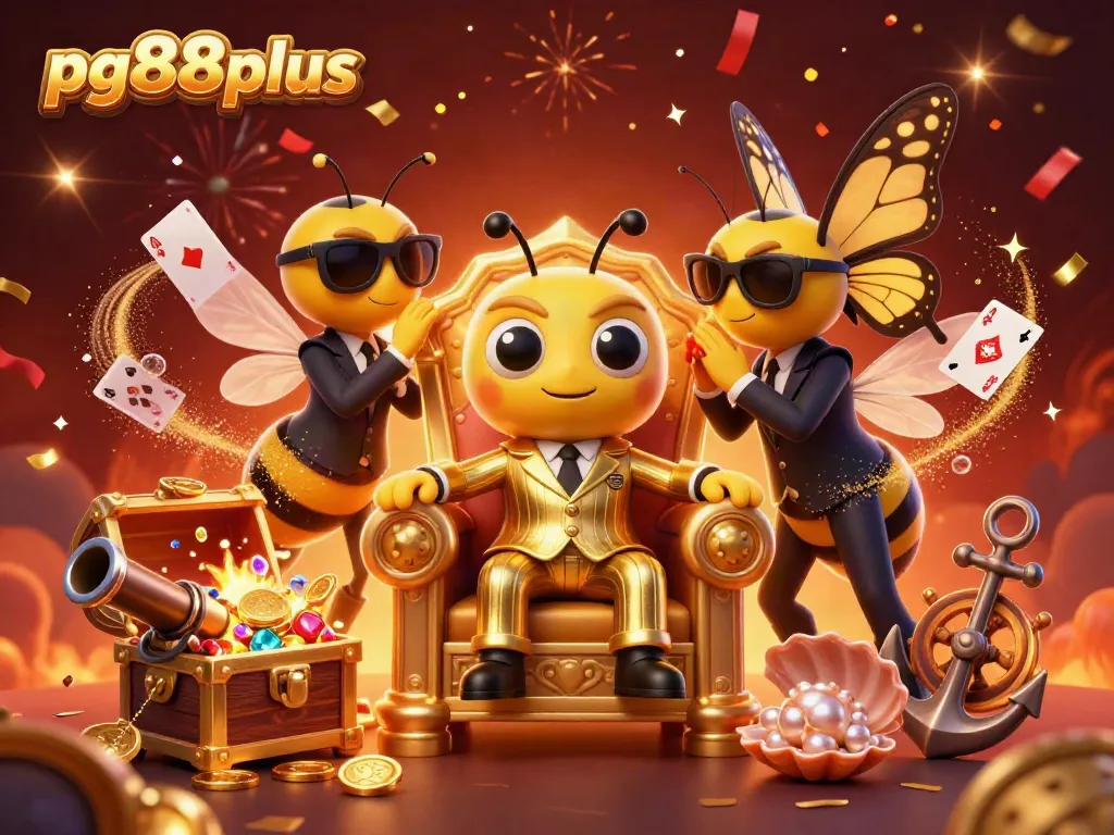Engage with thrilling gaming experiences at pg88plus with vibrant casino characters amidst surround treasures.