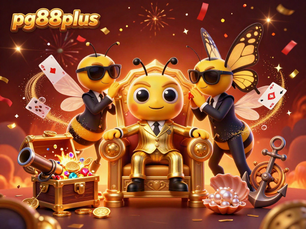 Engage with thrilling gaming experiences at pg88plus with vibrant casino characters amidst surround treasures.