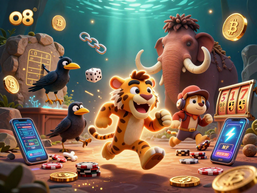 Experience thrilling gameplay at o8 with vibrant 3D casino action featuring unique characters in a prehistoric setting.
