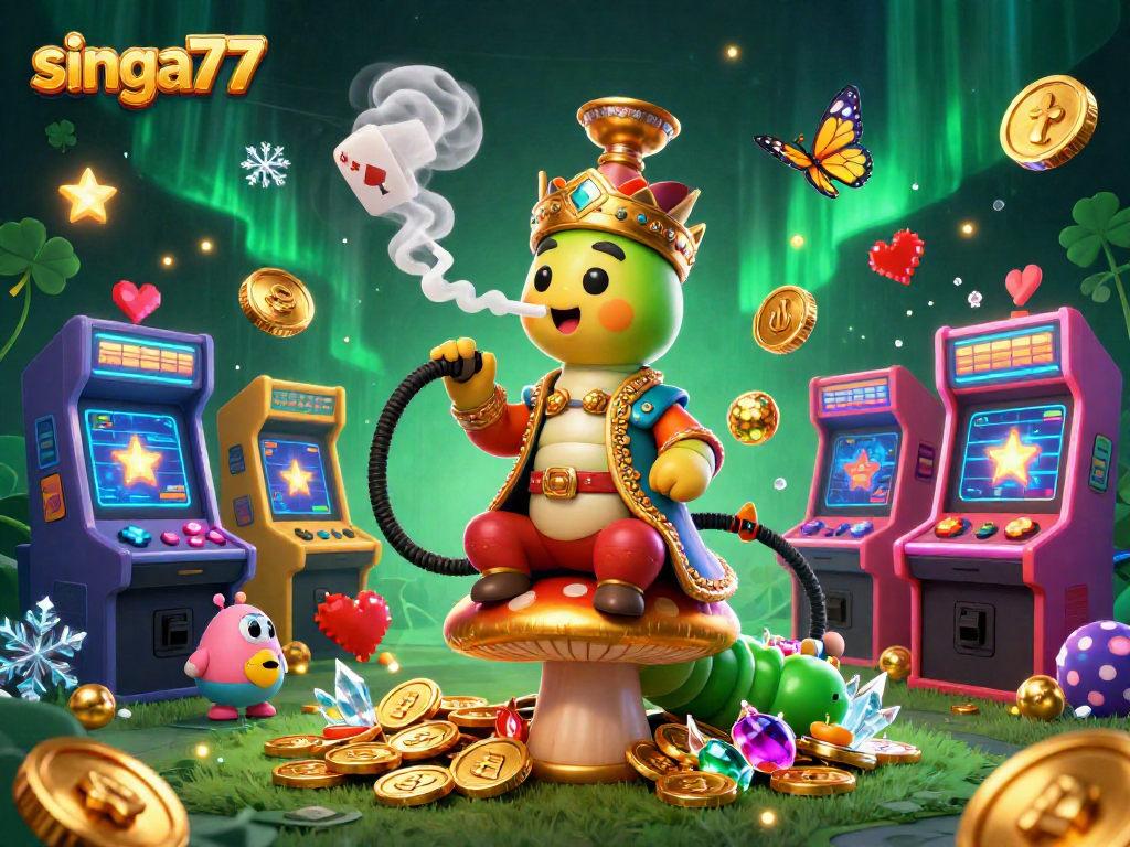 Experience winning moments with singa77 in this vibrant 3D casino scene filled with gaming elements.