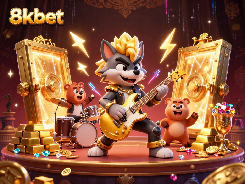 Experience the excitement of 8kbet with vibrant animated characters and incredible treasures on a lively casino stage.