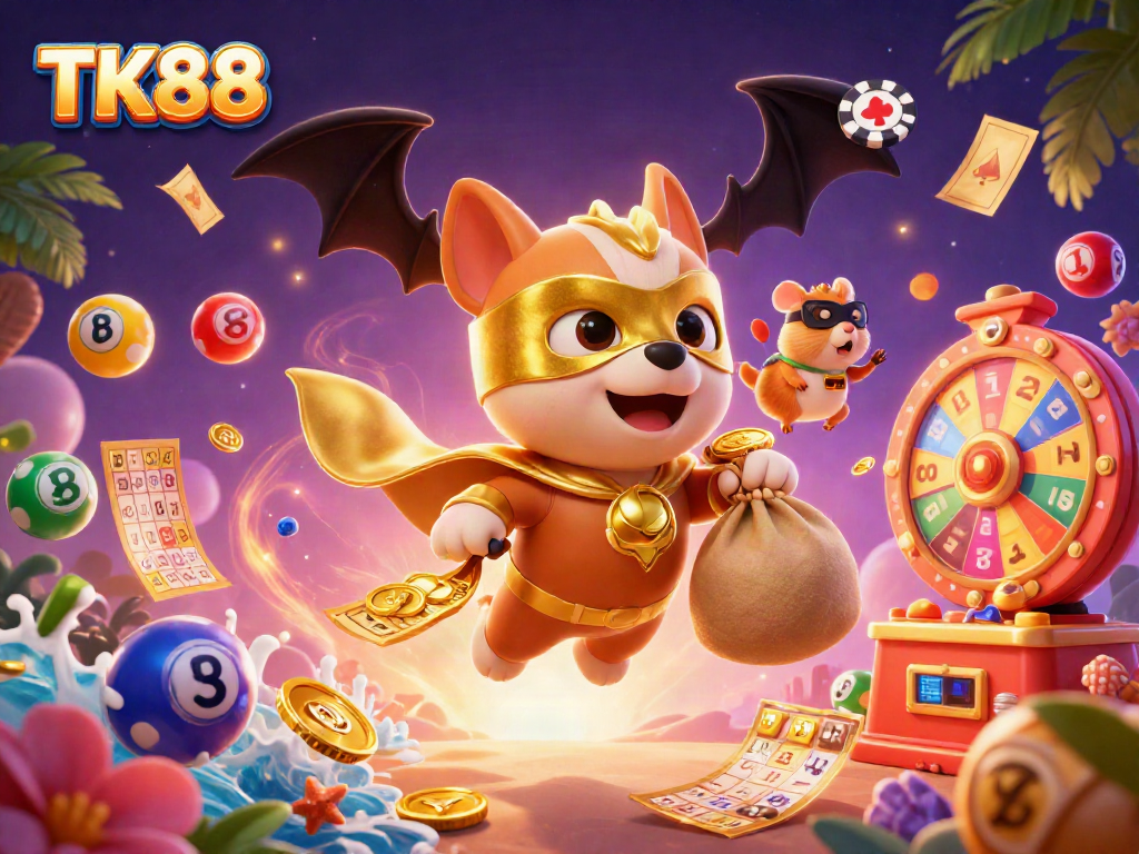 Experience the thrill of TK88 as the superhero dog navigates a vibrant casino world.